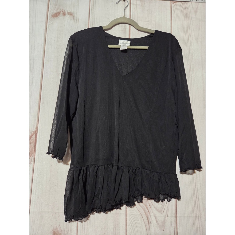 Caren Sport Black Mesh Ruffle V Neck Tunic Top Whimsigoth Size XL‎ Sheer Sleeve